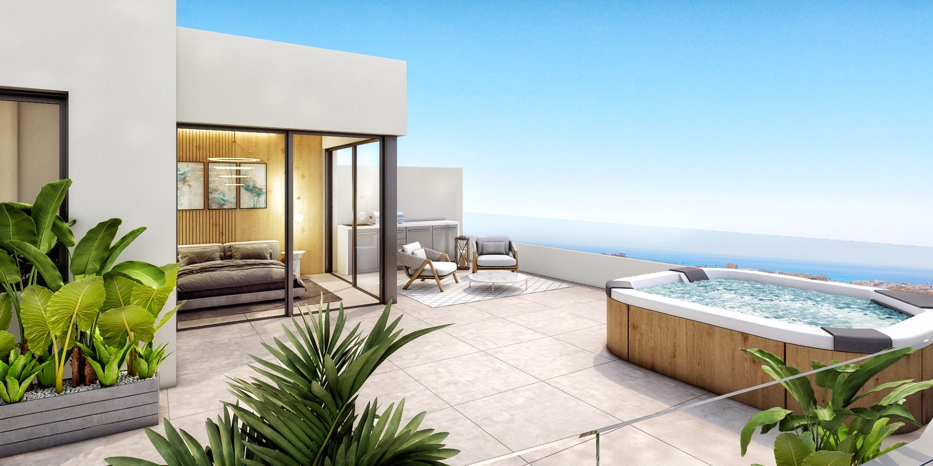 Terasa rezidenčního projektu s výhledem na pobřeží Costa del Sol